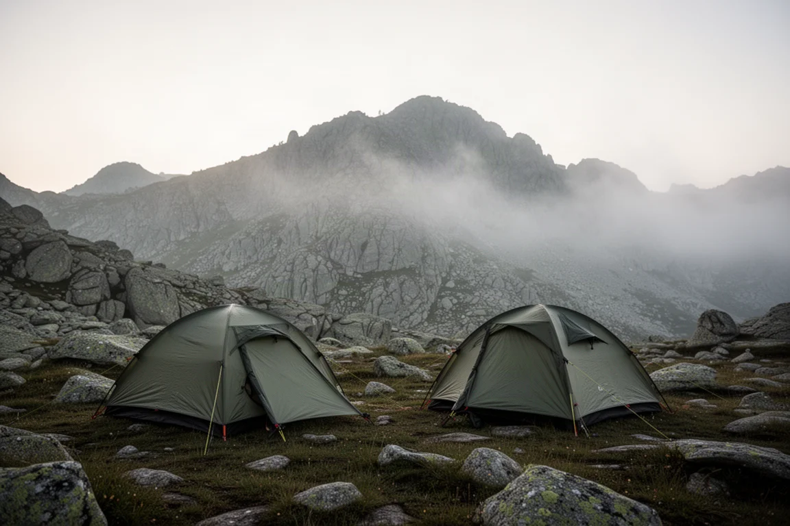 Overhead flat-lay of a folded tent, poles, stakes and guy lines on concrete