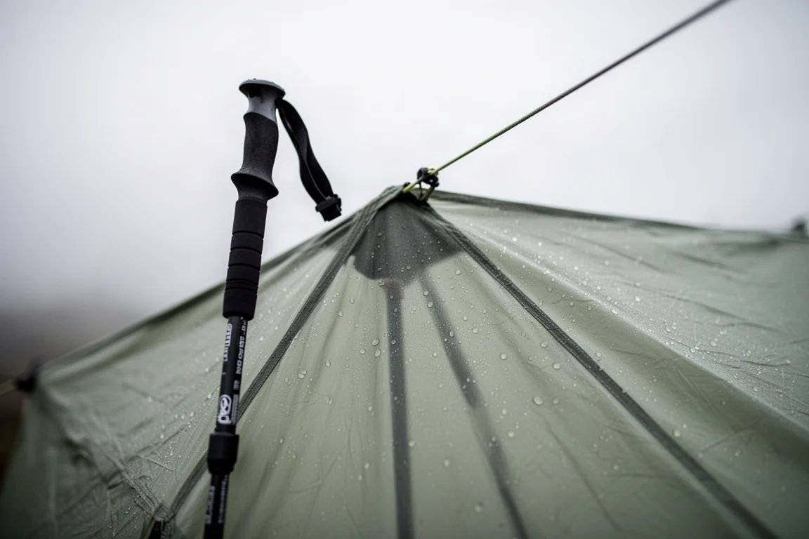 Single-wall tent pitched on a granite ledge above a mountain lake at dusk