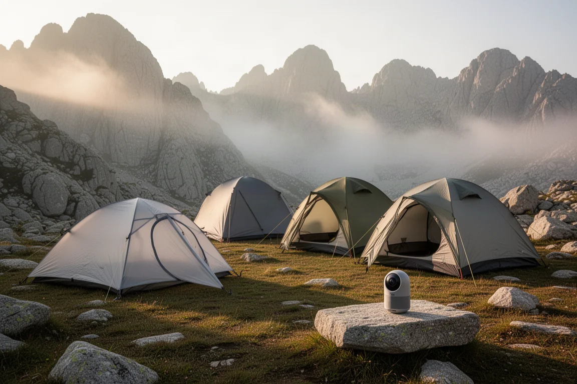 Four backpacking tents pitched in an alpine meadow beneath granite peaks at golden hour