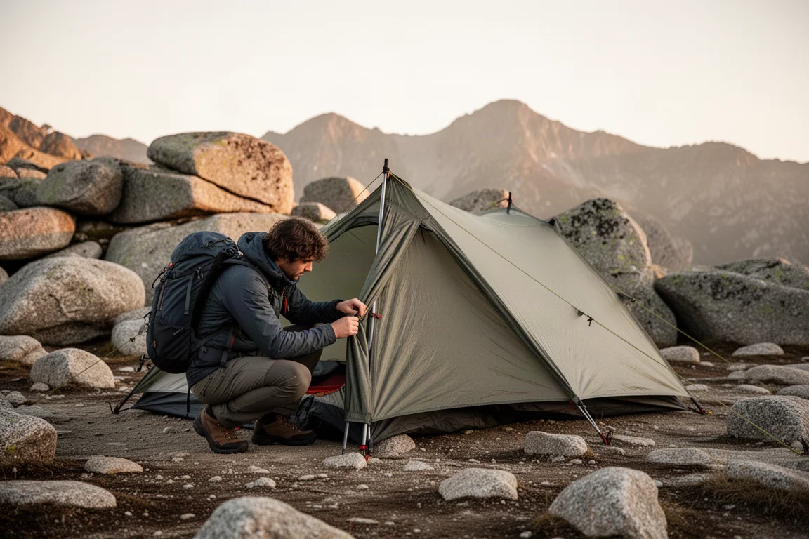 Due tende leggere da backpacking montate fianco a fianco in un campeggio alpino al crepuscolo