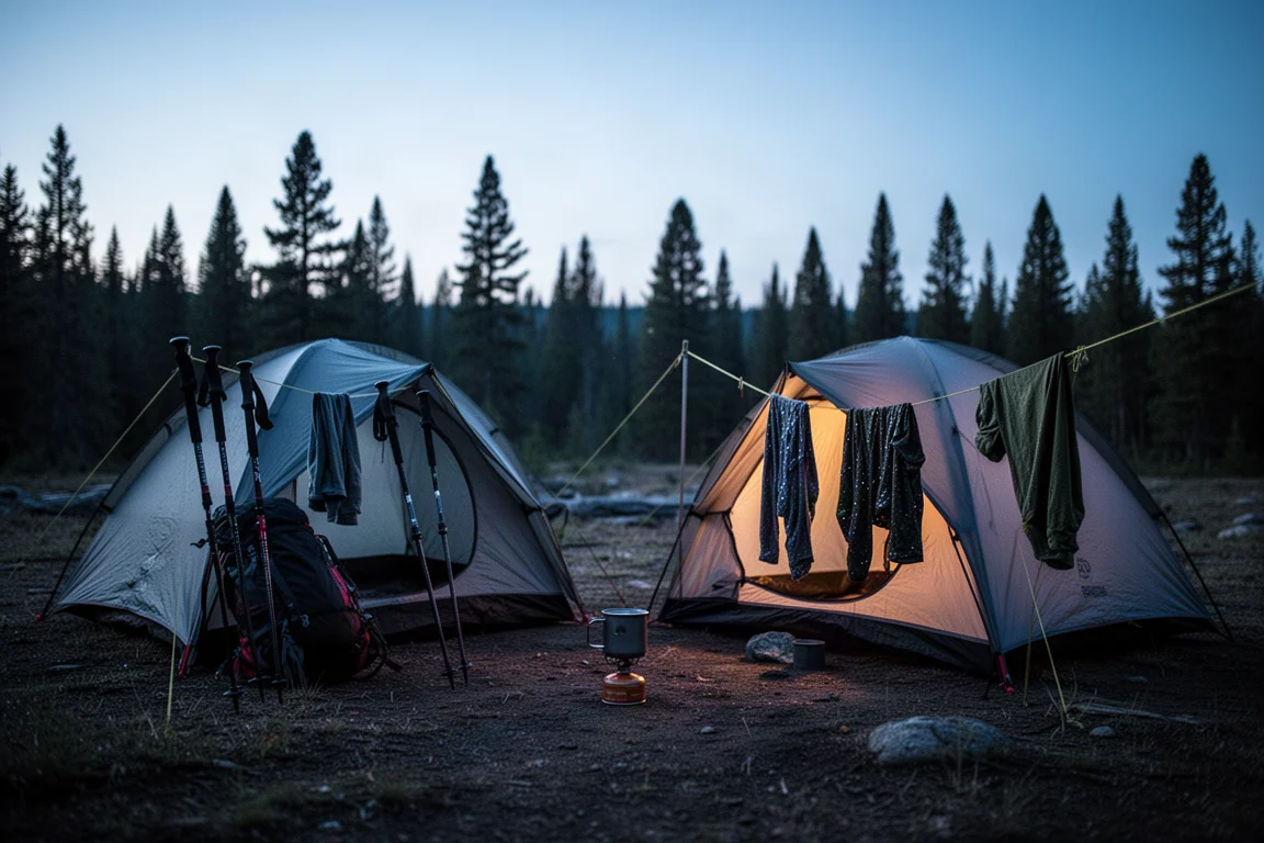Vista dall'alto di due materassini e attrezzatura da backpacking su una superficie neutra