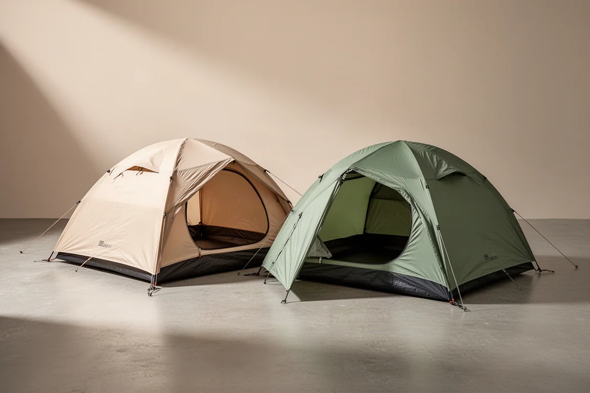 Two lightweight freestanding two-person backpacking tents pitched side by side on concrete