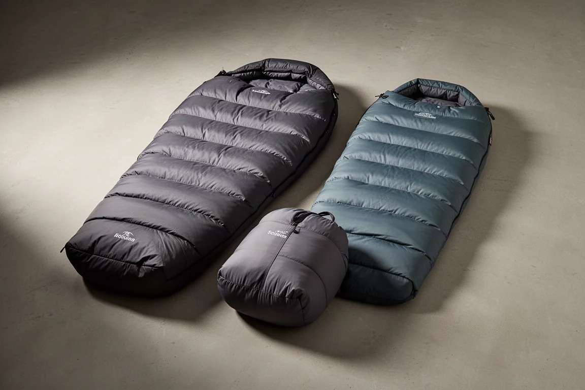 Two mummy sleeping bags side by side on a concrete surface, one bulkier than the other