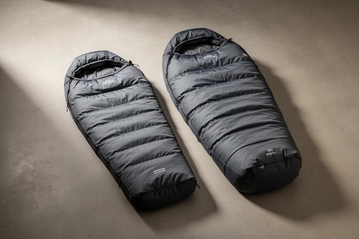 Two mummy-style sleeping bags side by side on a concrete surface, one bulkier than the other