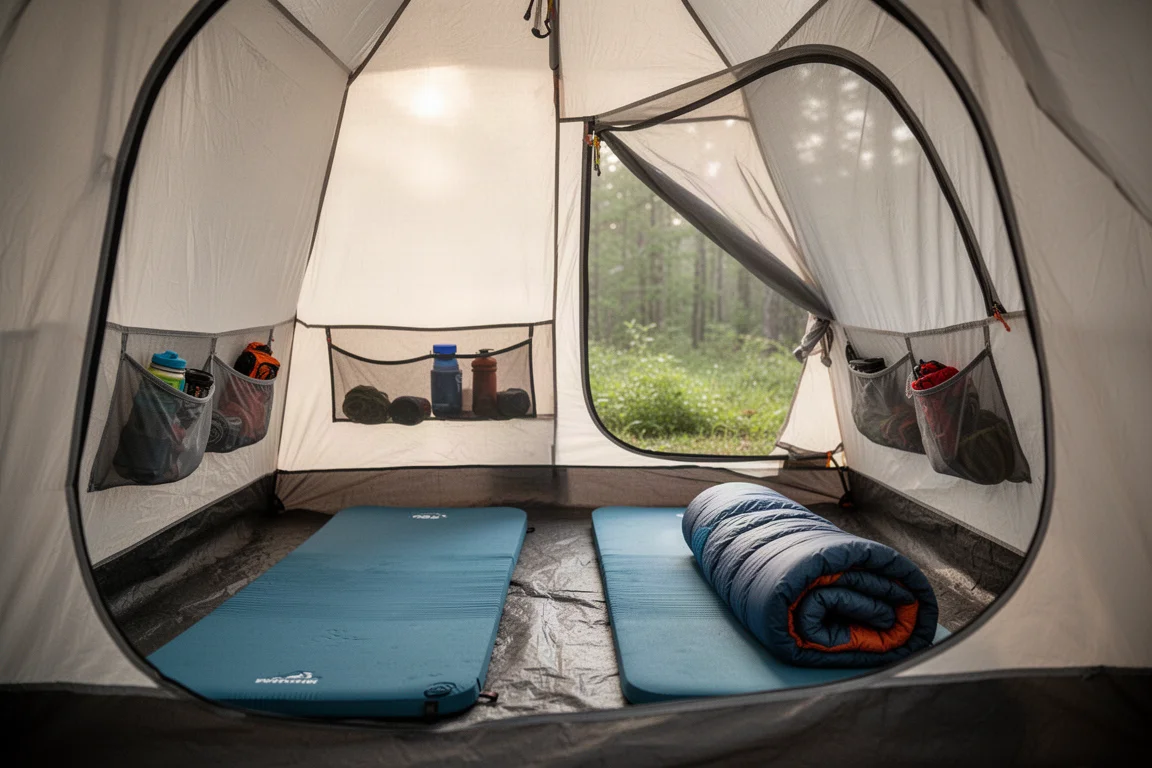 Intérieur d'une tente deux places avec matelas de sol et équipement dans les poches en maille des parois