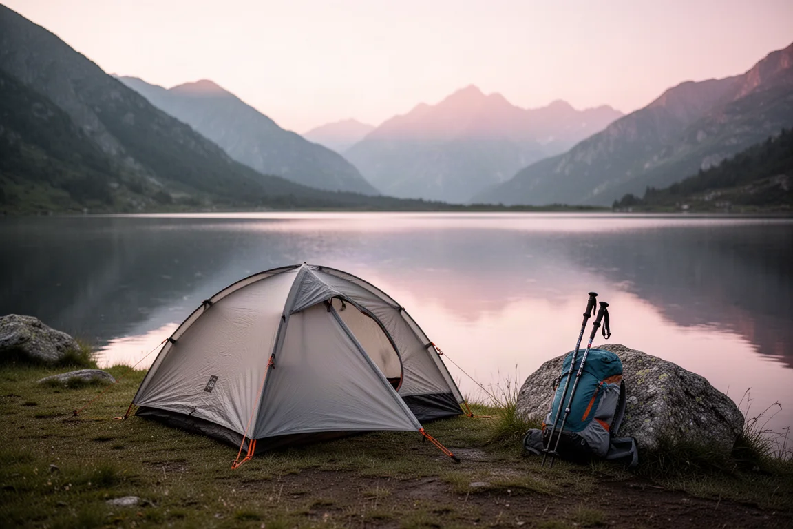 Tente ultralégère montée au bord d'un lac de montagne au lever du soleil avec un bâton de randonnée