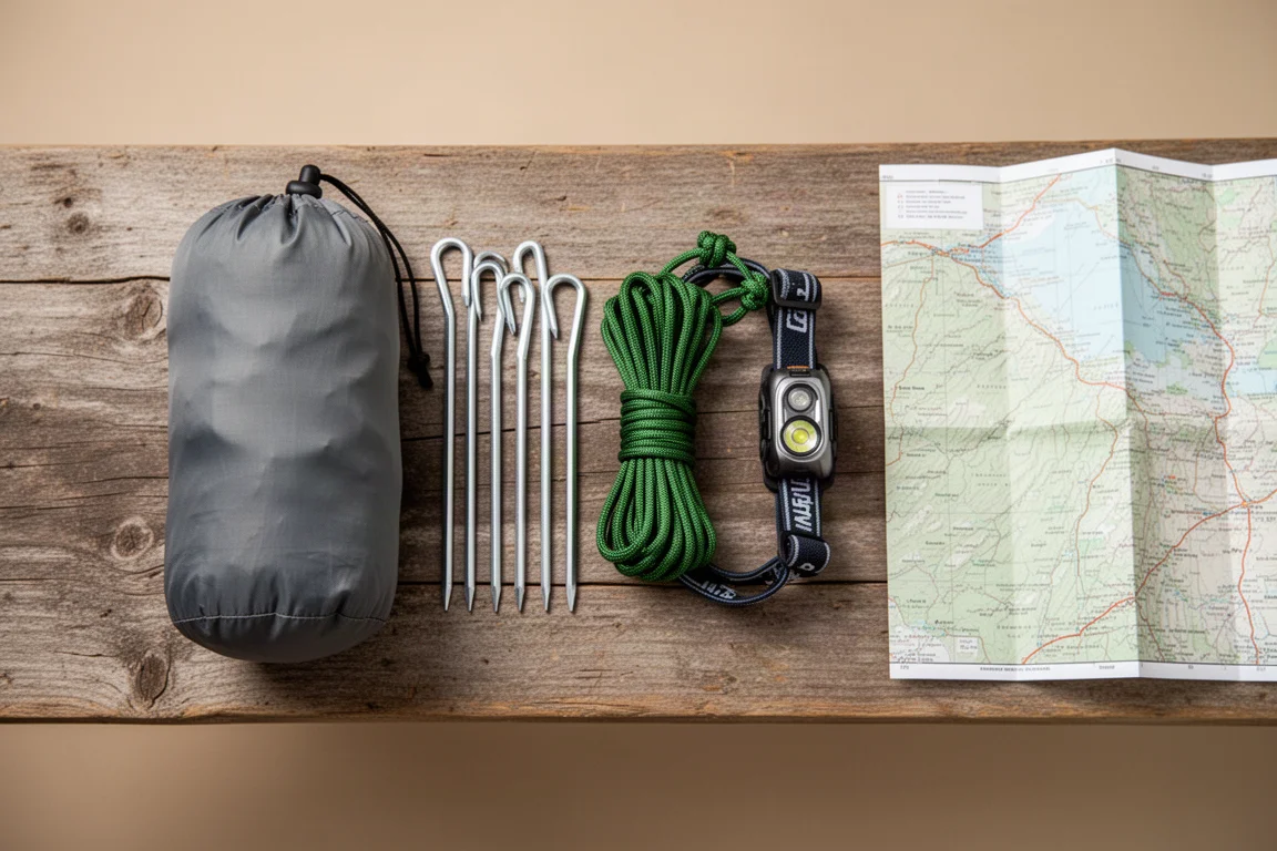 Vue de dessus à plat de piquets de tente, cordelette, sac de transport, lampe frontale et carte