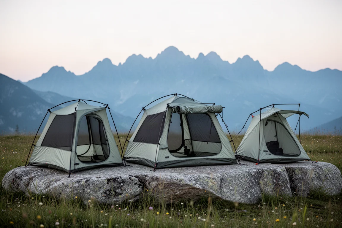 Three ultralight backpacking tents pitched side by side on granite at dusk