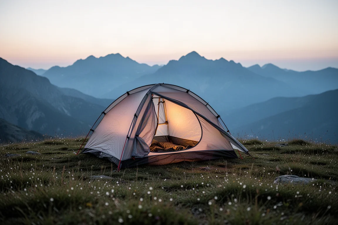 Ultralichte backpacking-tent opgezet op een grasrijke alpine rug bij schemering met bergen op de achtergrond