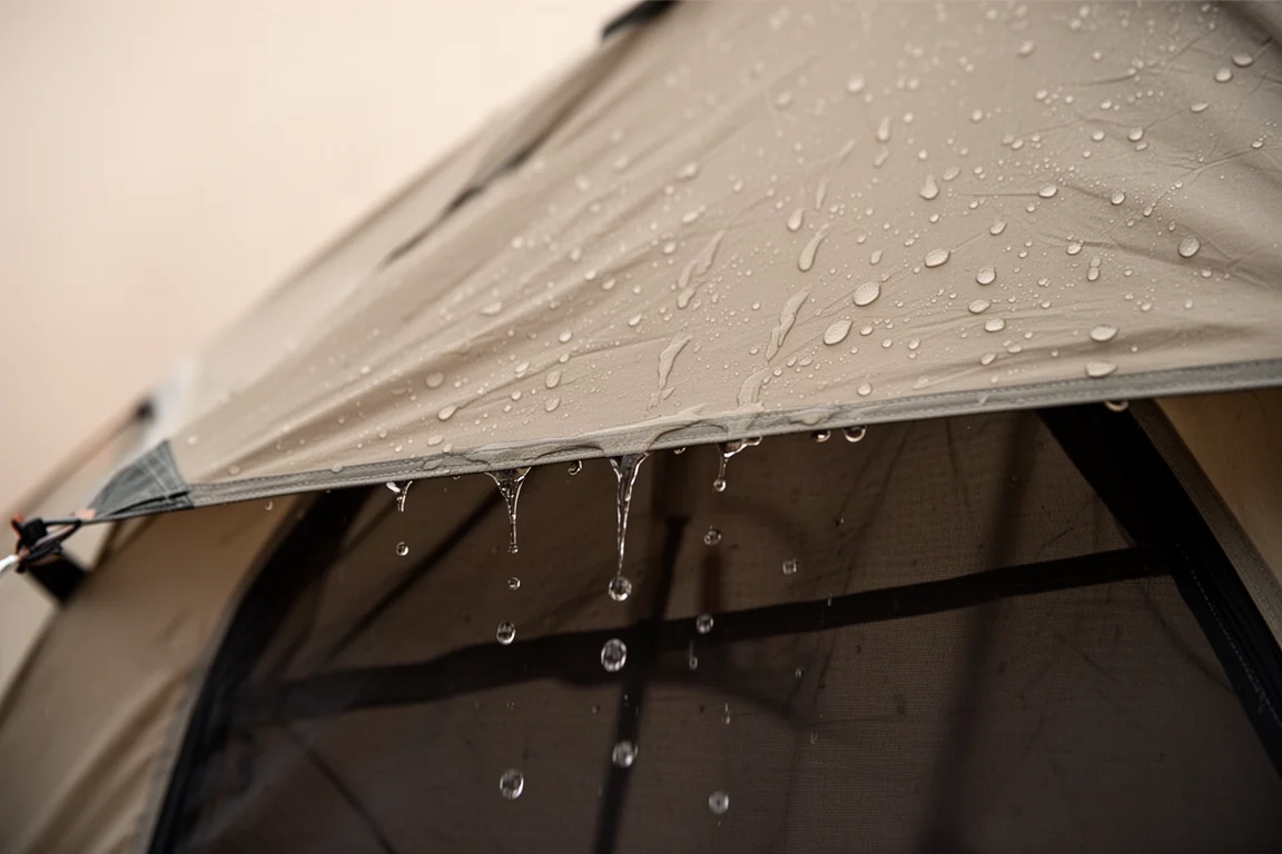 Regen parelt en loopt van het strak gespannen buitenzeil van een lichtgewicht backpacking-tent