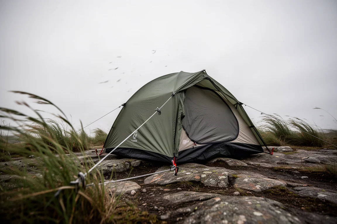 Eenpersoons ultralichte tent vastgezet met scheerlijnen op rotsachtige grond in harde wind onder grijze lucht