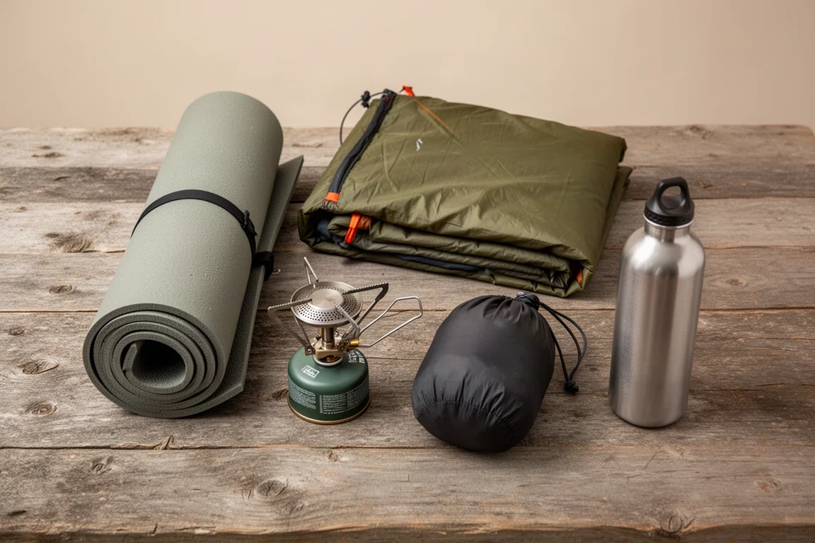 Bovenaanzicht van backpacking-uitrusting en een opgevouwen ultralichte tent op verweerd hout