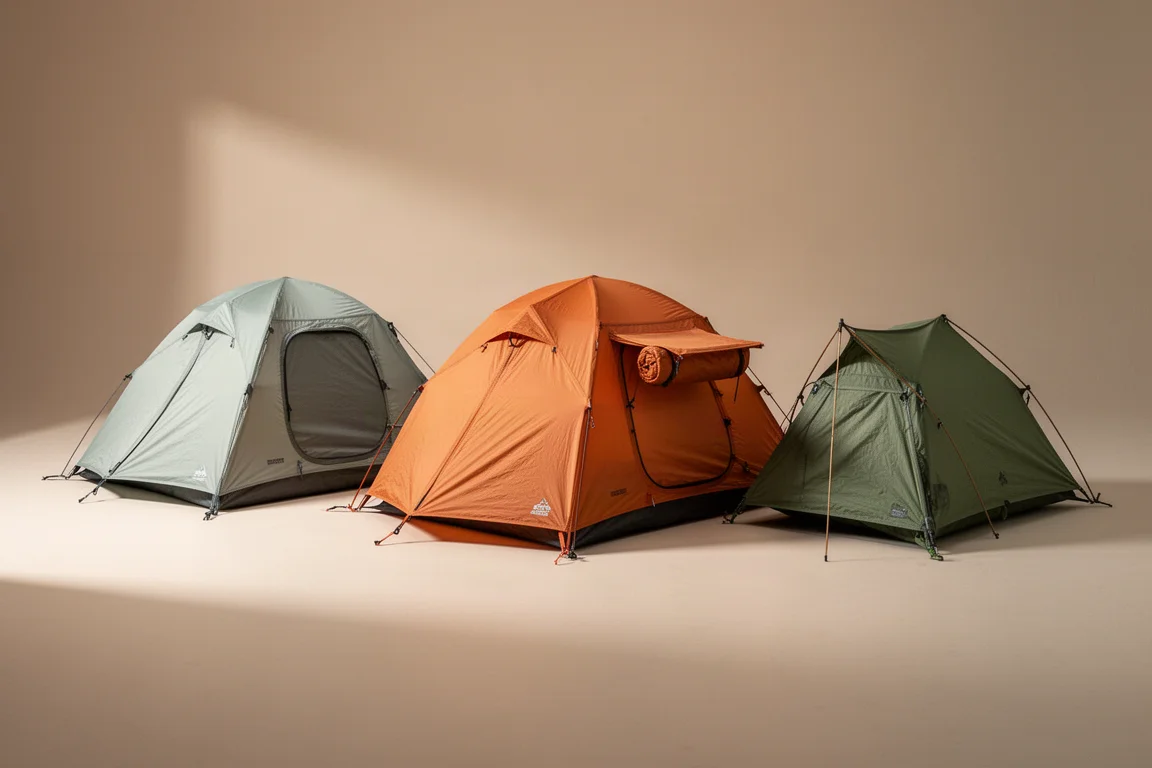 Three ultralight backpacking tents pitched side by side on a neutral surface