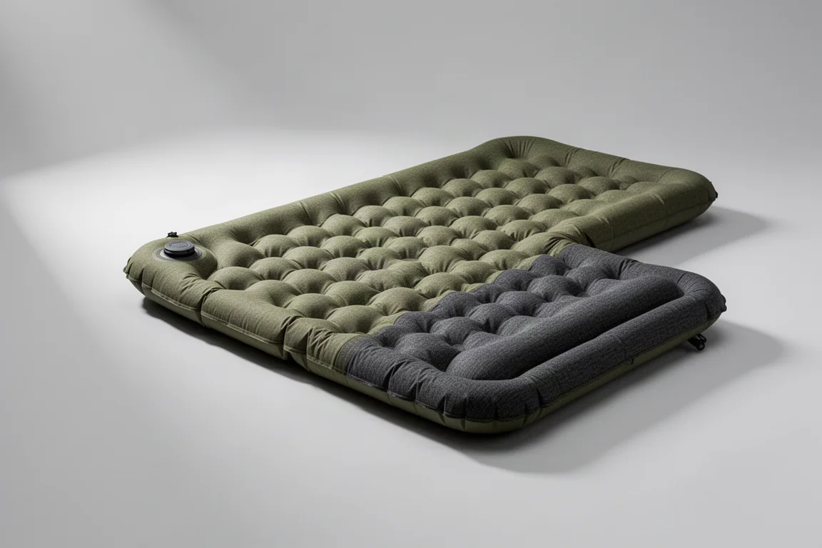 Ultralight inflatable sleeping pad with dimpled quilted baffles on a neutral grey backdrop