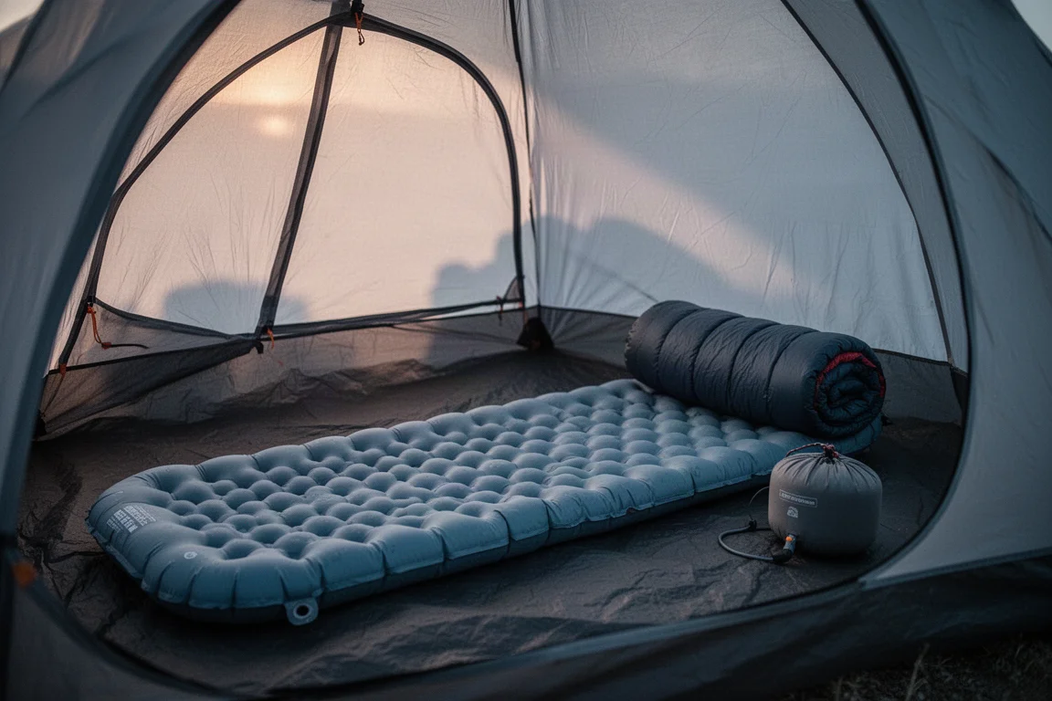 Materassino ultraleggero gonfiato all'interno di una tenda all'alba con luce morbida del mattino