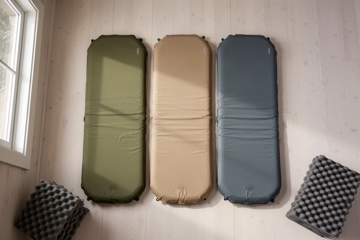 Tre materassini gonfiati di colori diversi disposti fianco a fianco su un pavimento in legno