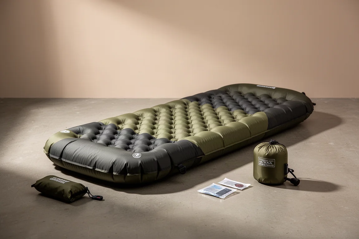 Ultralight quilted sleeping pad with pump sack and repair kit on a concrete floor