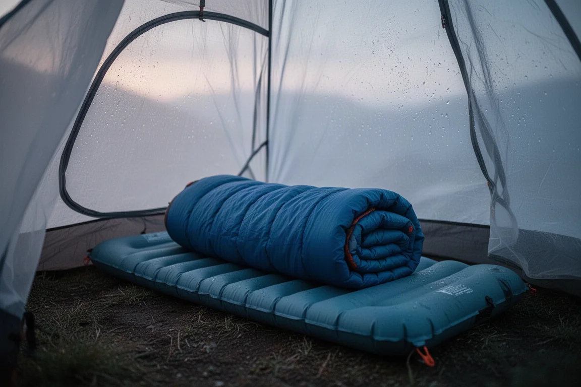 Randonneur allongé sur un matelas de camping ultraléger dans une tente à l'aube