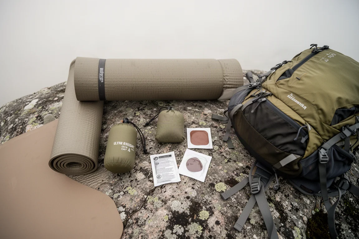 Matelas de camping ultraléger et sac de gonflage rangés à côté d'un sac à dos sur du granit