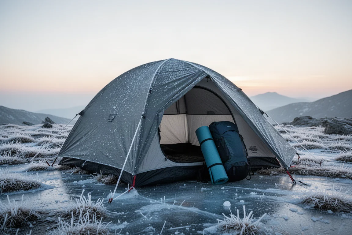 Tente et matelas de camping couverts de givre sur un campement alpin froid en altitude