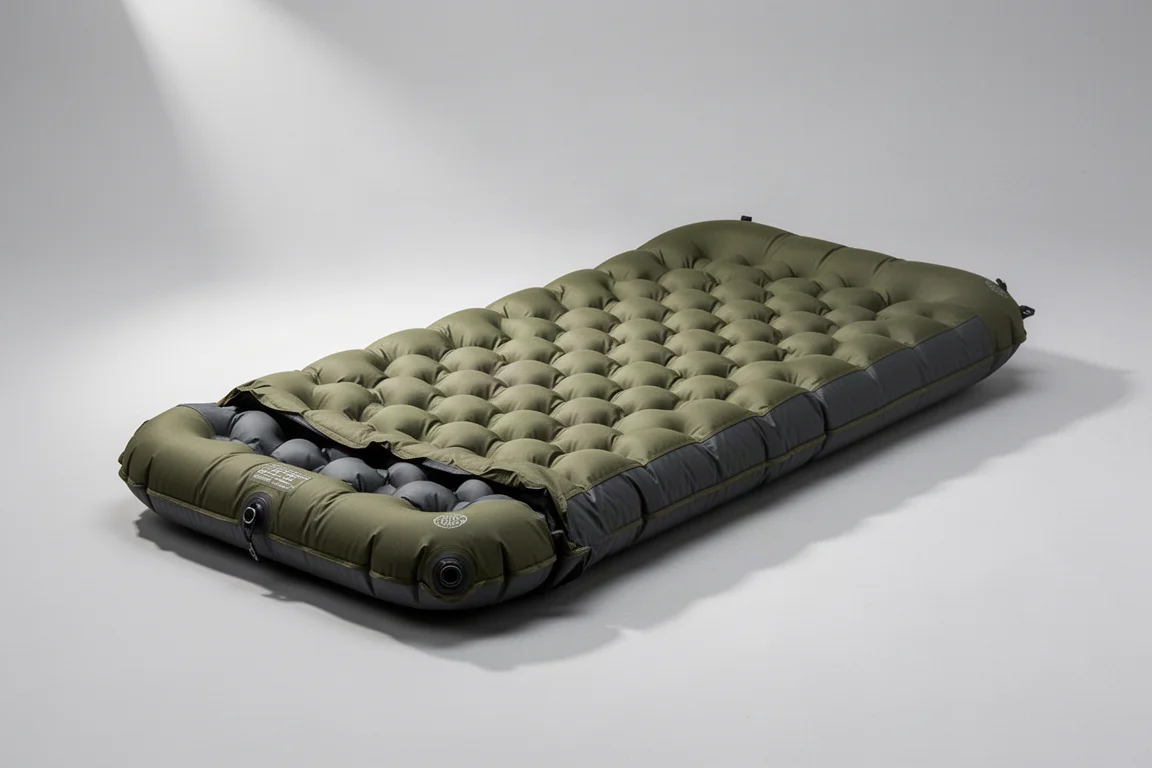 Ultralight quilted inflatable sleeping pad on a neutral grey studio backdrop