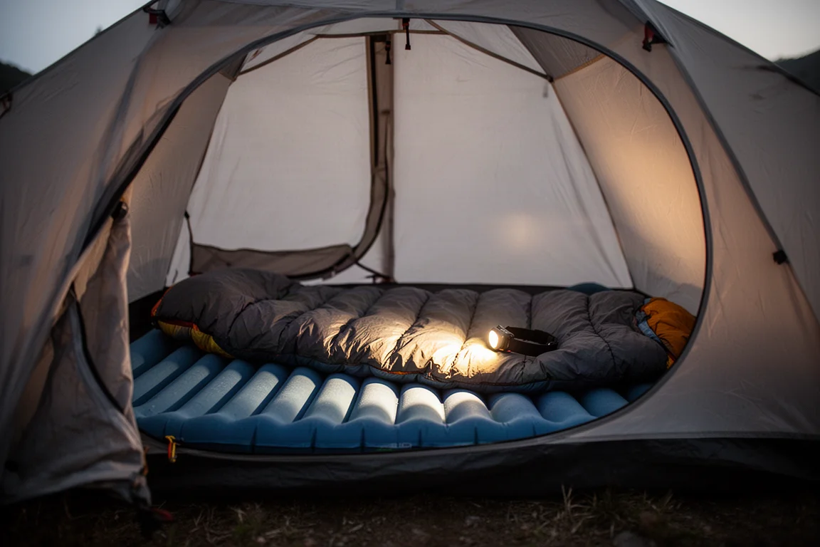 In een backpacktent bij schemer met een opgeblazen slaapmatje en slaapzak