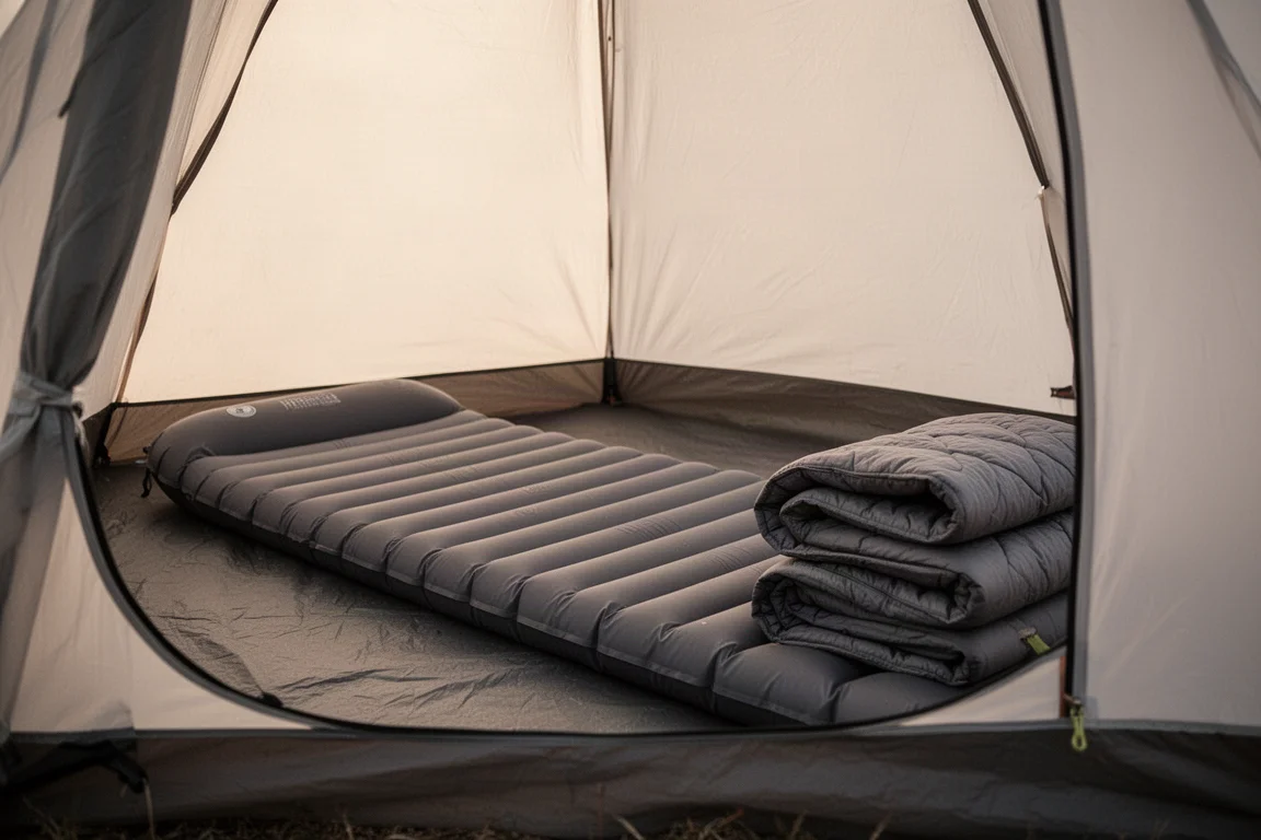 Breed slaapmatje en opgevouwen quilt in een tent in zacht ochtendlicht