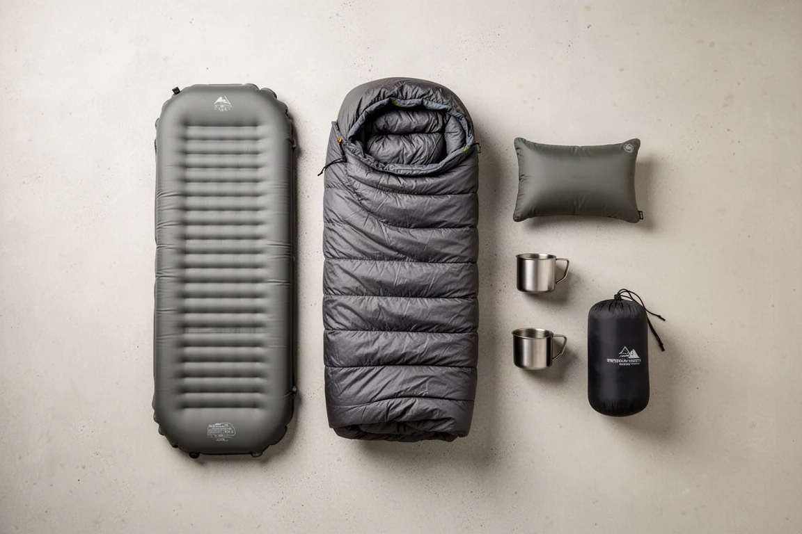 Platte weergave van bovenaf van een backpack-slaapsysteem op een licht betonnen oppervlak