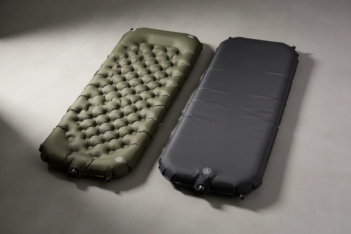 Two inflatable backpacking sleeping pads laid side by side on a concrete surface
