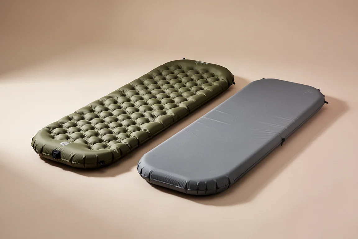 Two backpacking sleeping pads side by side on a neutral surface