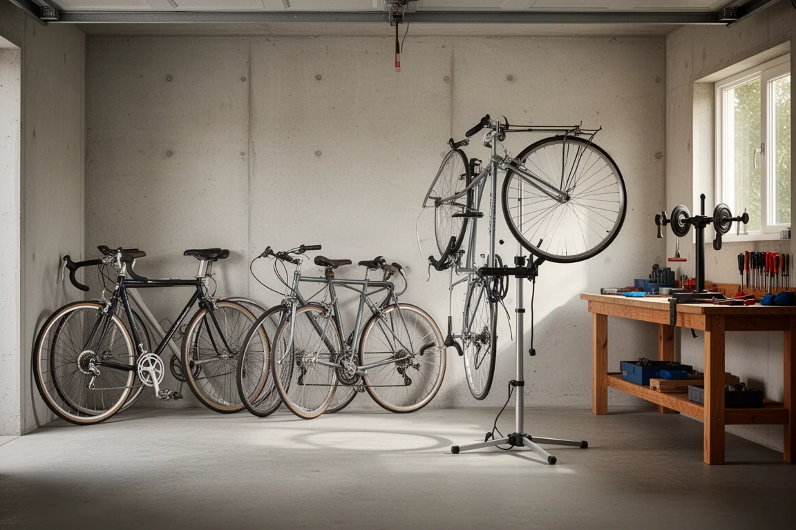 Home bike workshop with several bicycles on a stand and tools