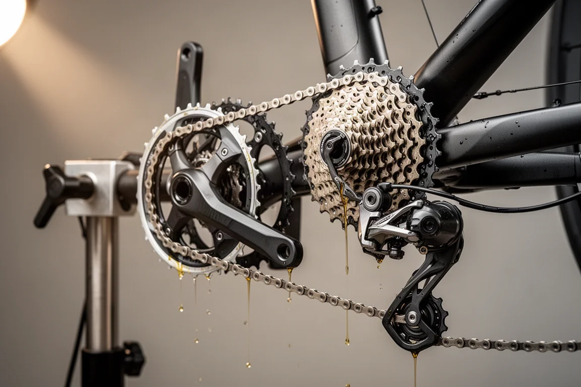 Close-up of a bicycle drivetrain with crankset, chain and cassette