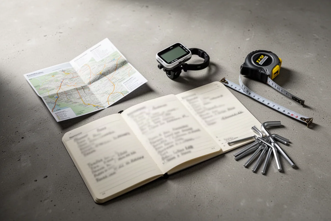 Flat-lay of route map, bike computer, notebook and tools on concrete