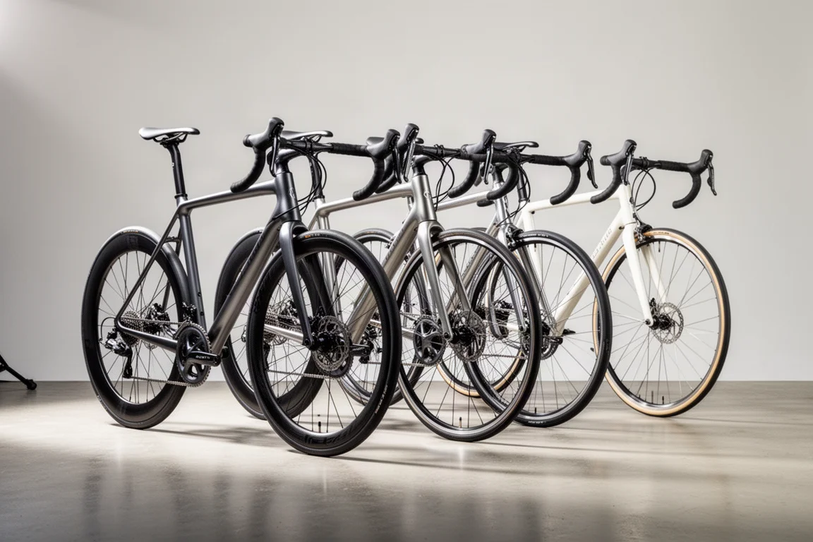 Row of four road bicycles displayed in a bright minimalist showroom