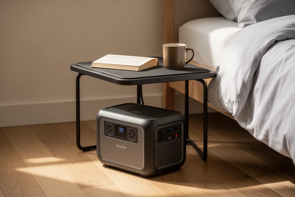 Portable power station with a rubberized top used as a small table beside a bed