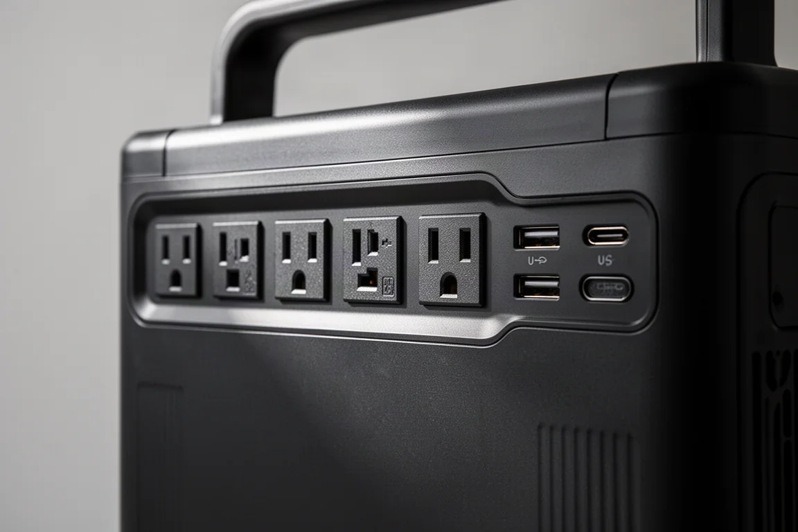 Close-up of AC outlet and USB-C port array on the side of a power station