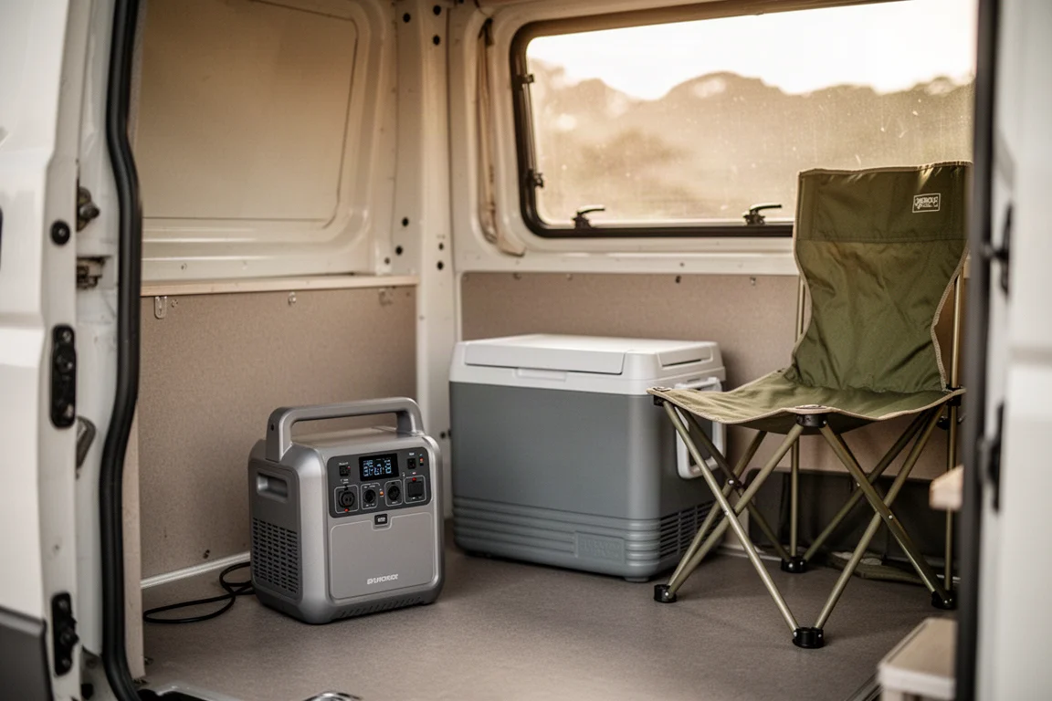 Camper van interior with a power station and a portable electric cooler set up for travel