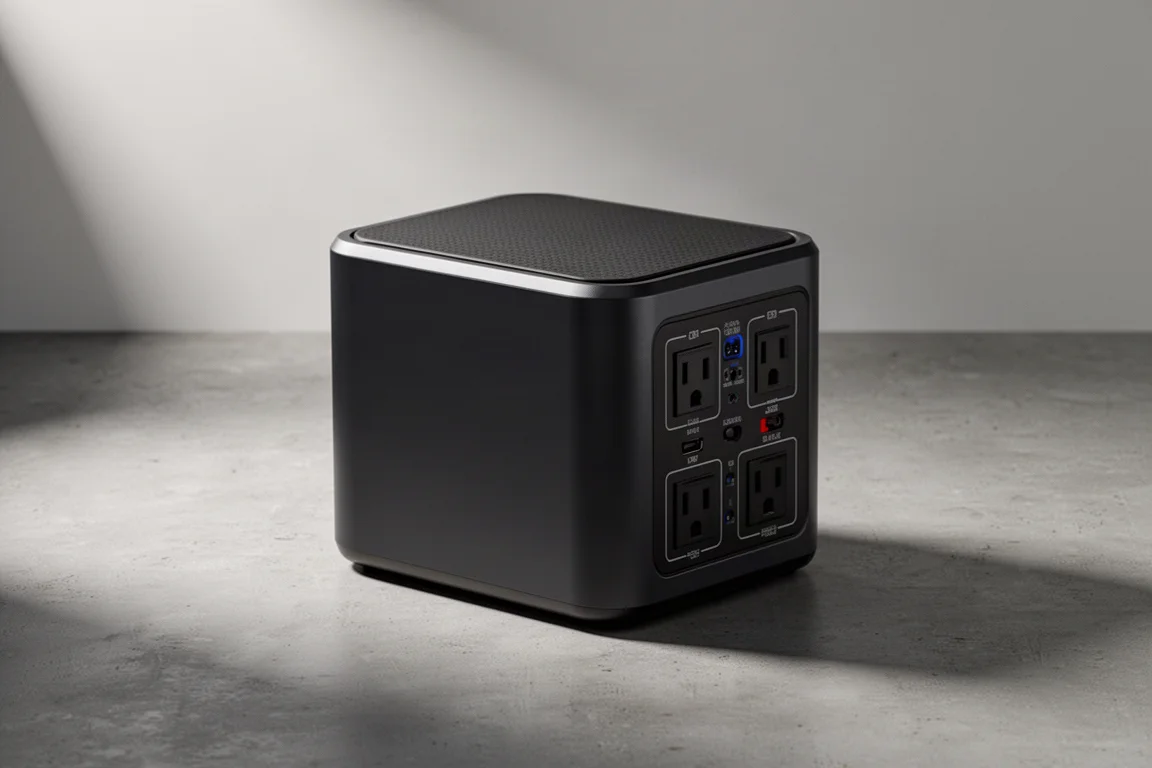 Compact matte black portable power station on a concrete floor