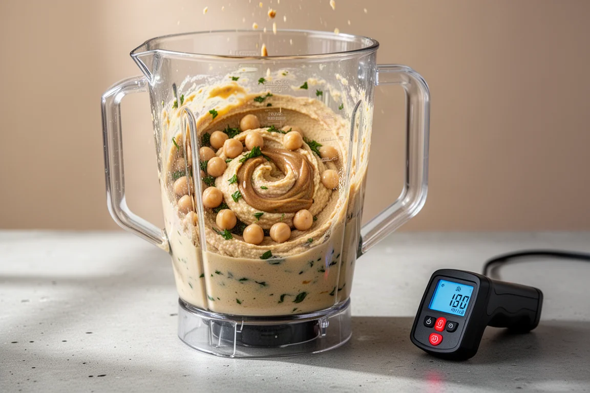 Hummus blendowany z ziołami i ciecierzycą widocznymi przez dzbanek blendera
