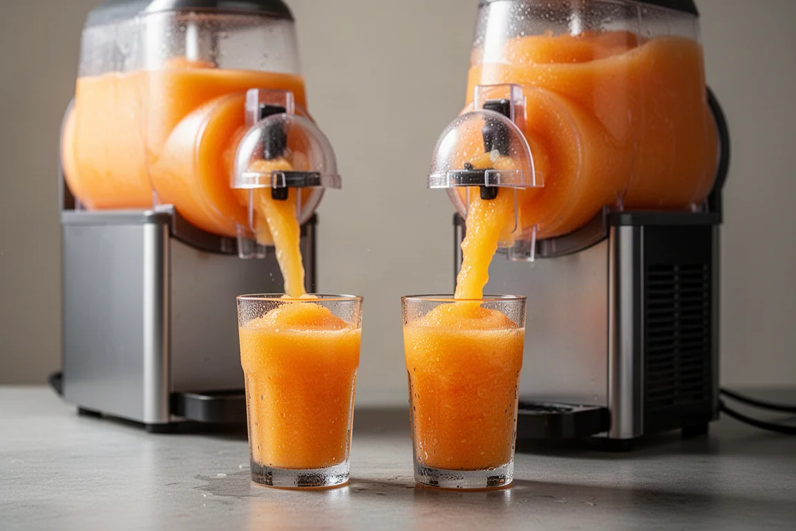 Dwie maszyny do mrożonych napojów nalewające kolorowy owocowy slush do szklanek