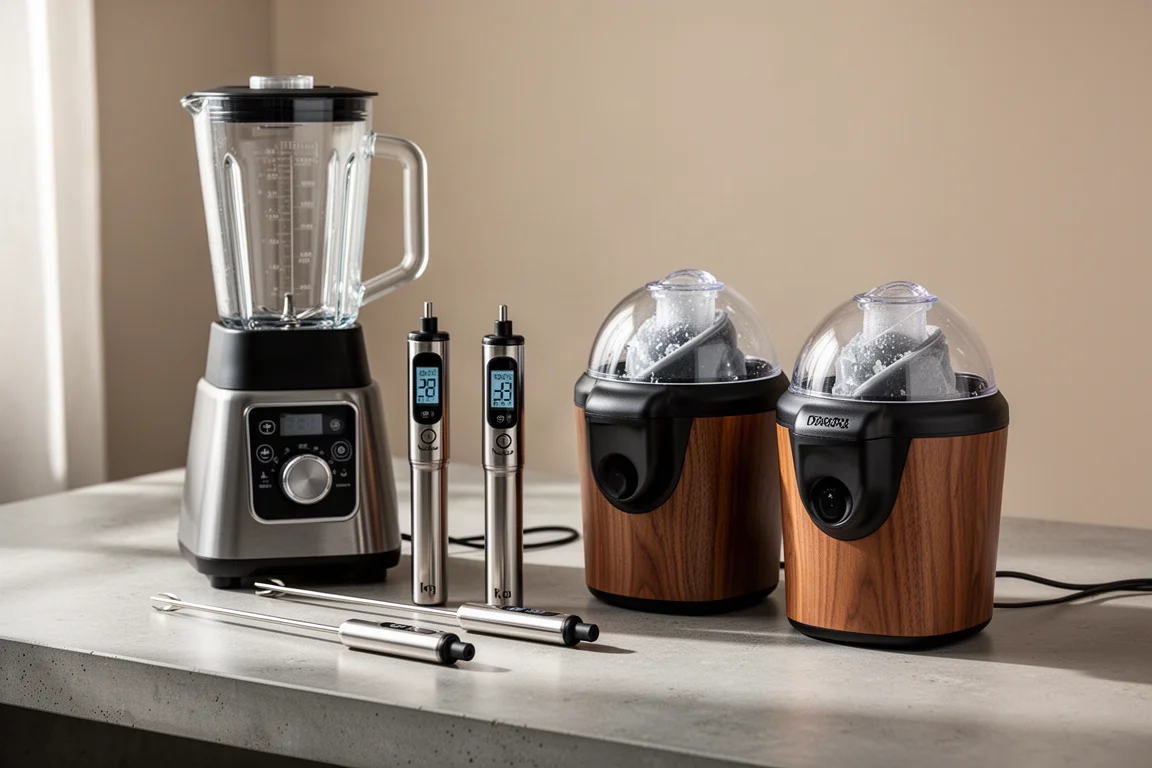 Blender, probe thermometers, and frozen drink machines arranged on a concrete countertop
