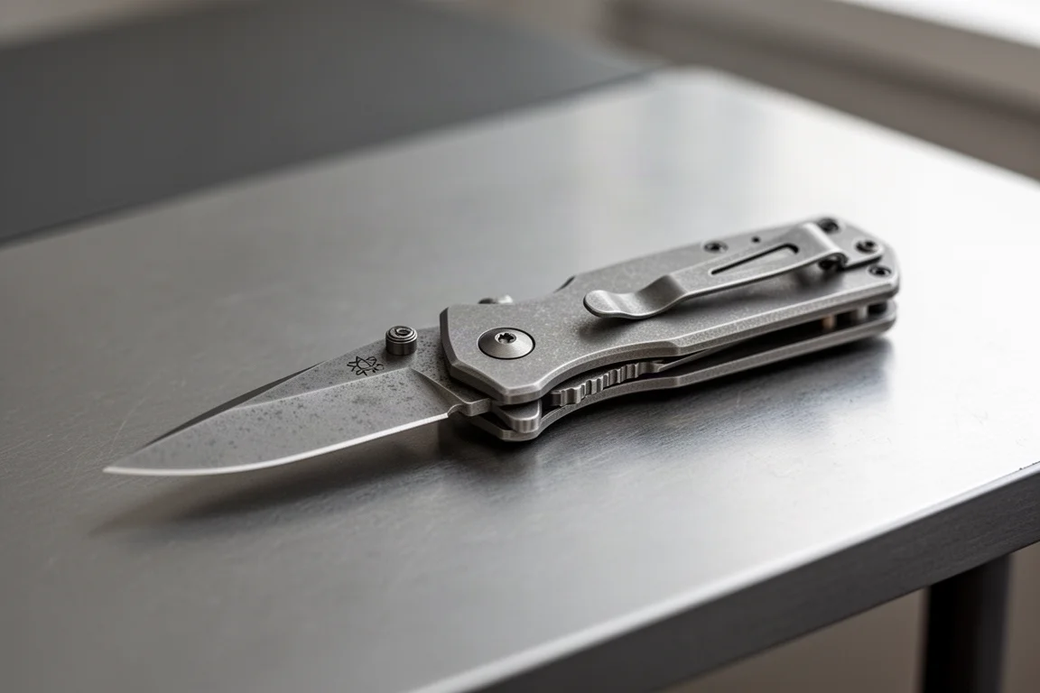 Fällbar titankniv på ett skrivbord med synlig framelåsning och fickclip