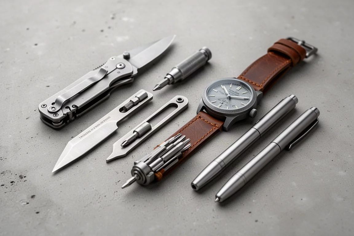 Titanium knife, pry bar, screwdriver, field watch, and pens arranged on concrete