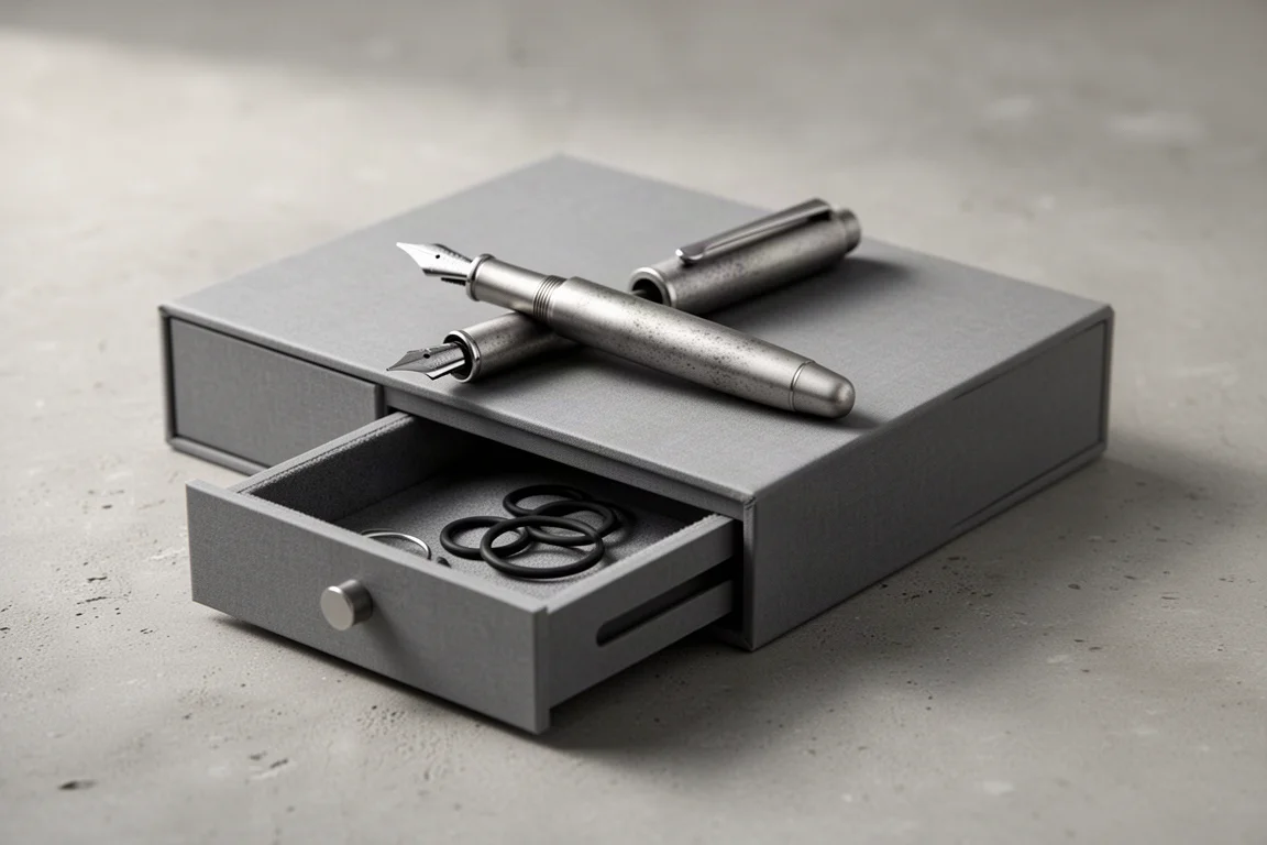 Penna stilografica in titanio con finitura stonewashed appoggiata su una scatola con cassetto