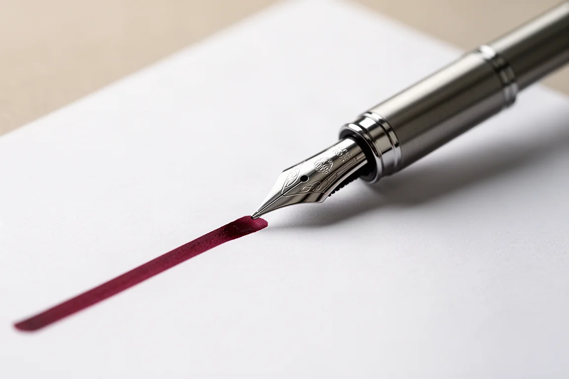 Penna stilografica che scrive una riga di inchiostro rosso scuro su carta bianca