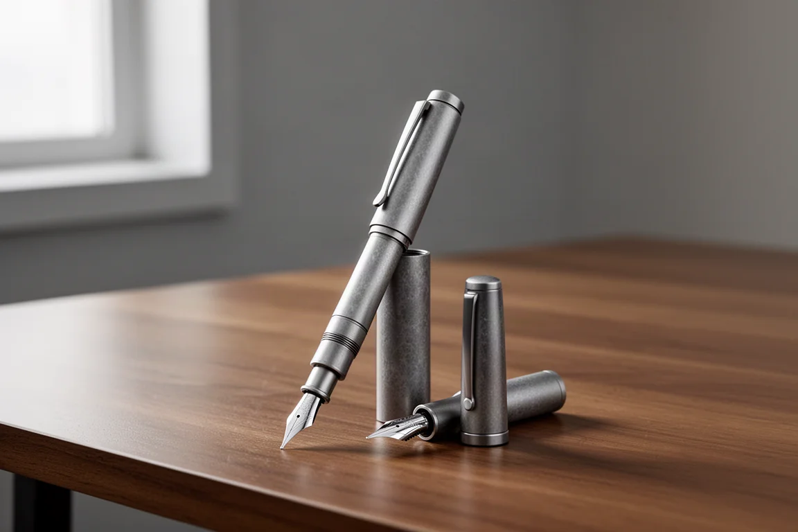 Caneta-tinteiro de bolso em titânio com acabamento stonewashed e pena extrafina sobre uma mesa de madeira