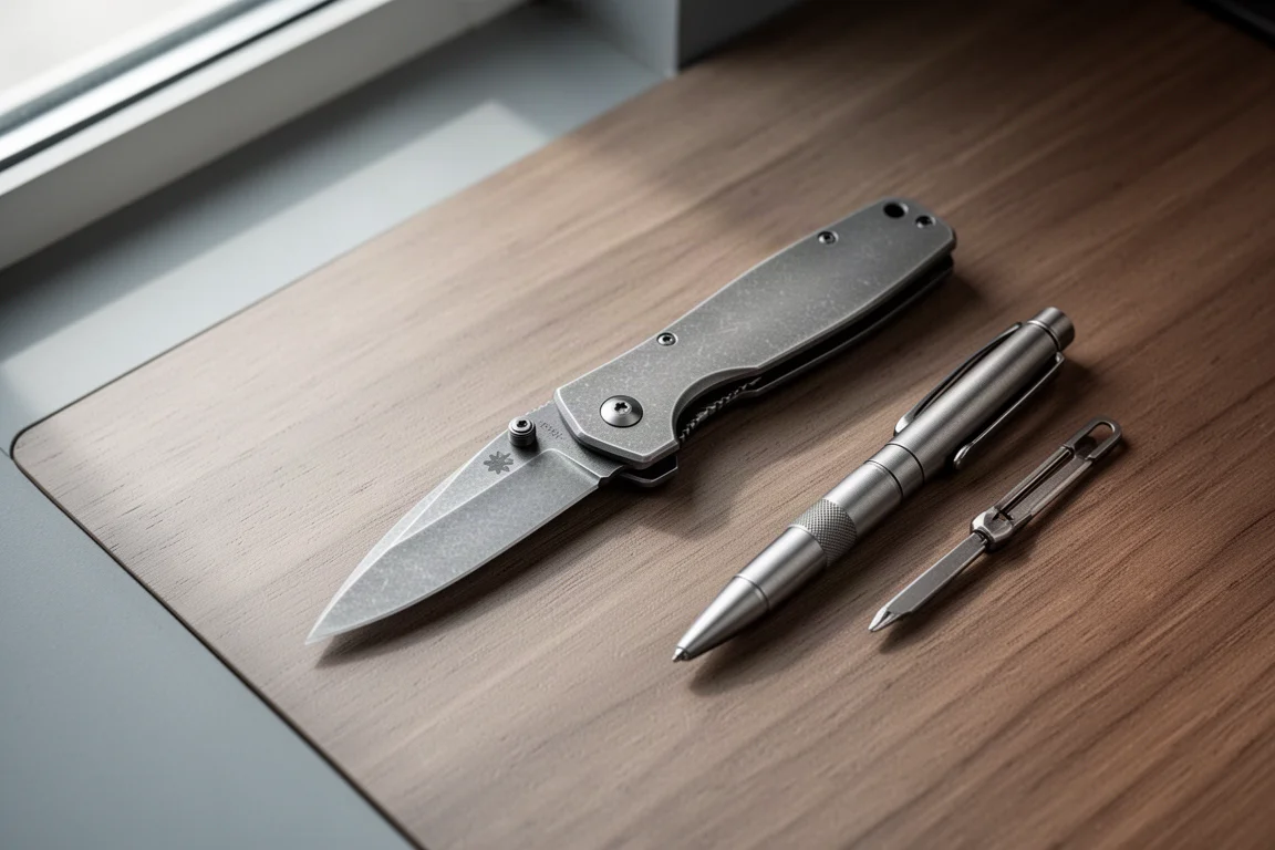 Coltello pieghevole in titanio chiuso su una scrivania in legno accanto ad oggetti da everyday carry
