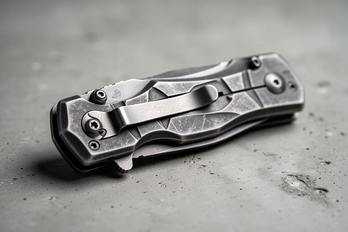 Primo piano del manico in titanio sabbiato di un coltello pieghevole con il frame lock visibile