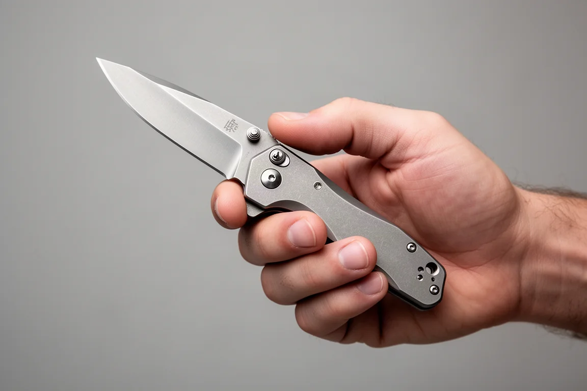 Coltello pieghevole impugnato a quattro dita in una luce da studio soffusa