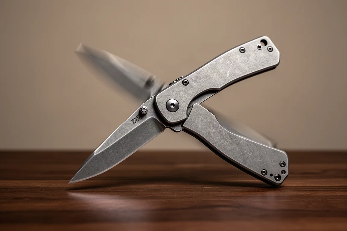 Coltello pieghevole parzialmente aperto che mostra la caduta della lama durante il fidgeting